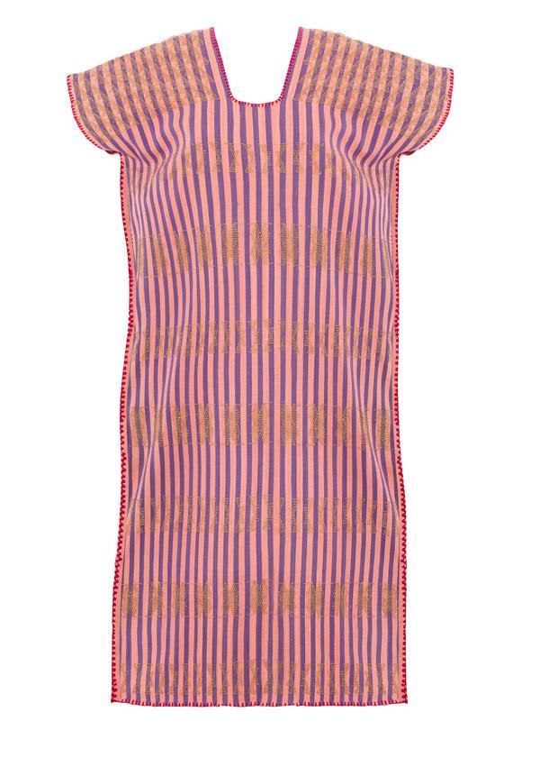 Pippa Holt Kaftan No.12 Single Panel Midi Kaftan In Pink And Ochre Stripe With Ochre Design
