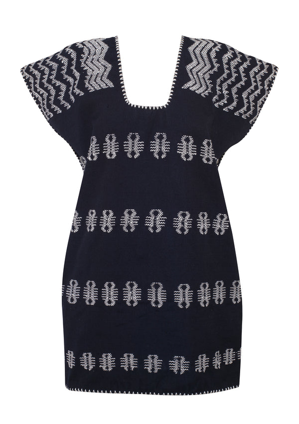 Pippa Holt Kaftan No.120 Single Panel Mini Kaftan In Navy With White Design
