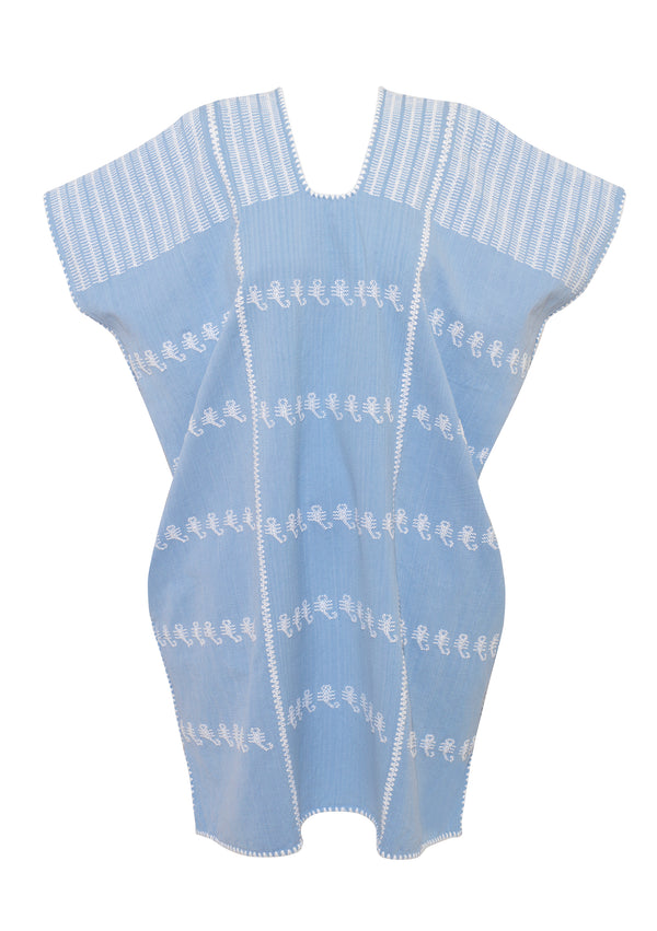 Pippa Holt Kaftan No.121 Three Panel Mini Kaftan In Light Blue With White Design