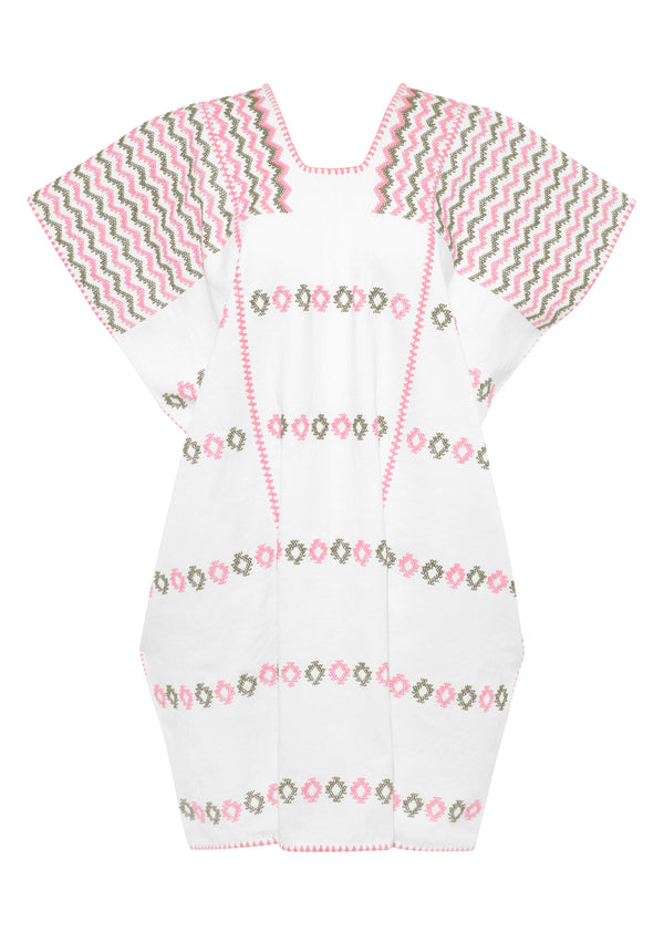 Pippa Holt Kaftan No.123 Three Panel ‘Supermini’ Kaftan In White With Pink And Olive Design