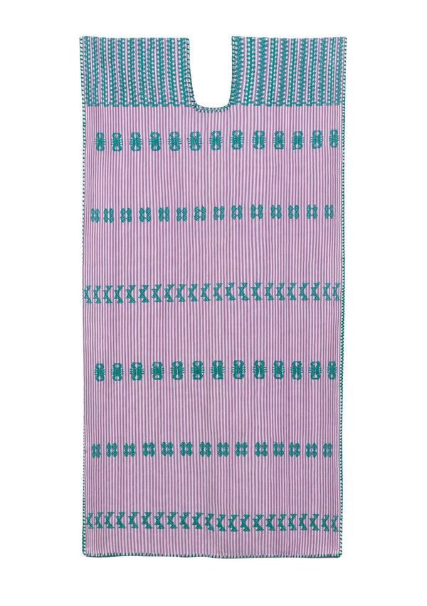 Pippa Holt Kaftan No.127 Single Panel Midi Kaftan In Purple And White Stripe With Green Design