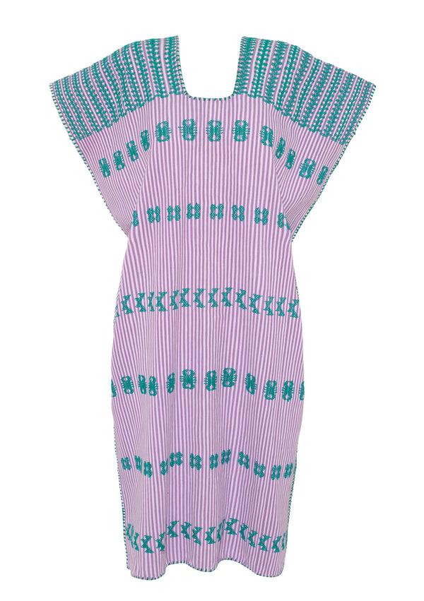 Pippa Holt Kaftan No.127 Single Panel Midi Kaftan In Purple And White Stripe With Green Design