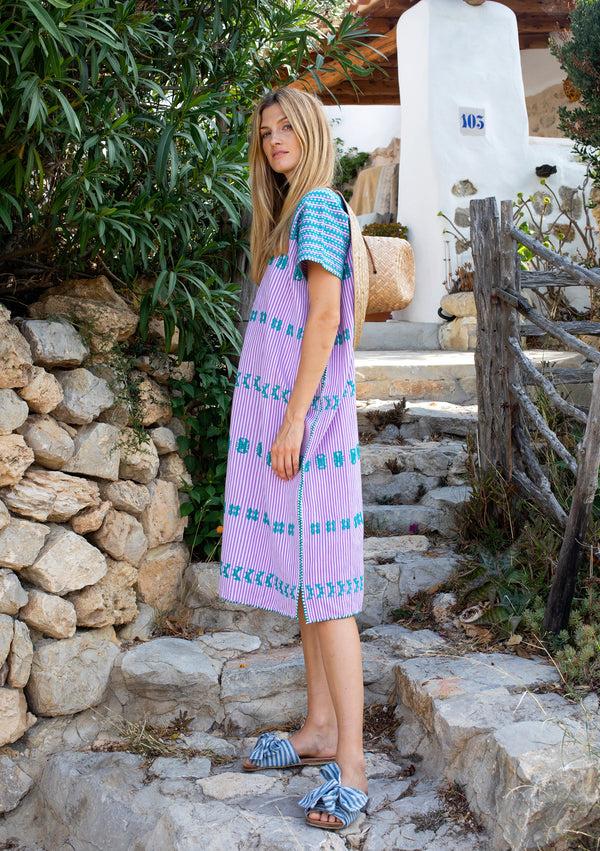 pippa holt Kaftan No.127 Single panel midi kaftan in purple and white stripe with green design