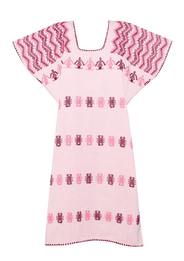 Pippa Holt Kaftan No.129 Single Panel 'Supermini' Kaftan In White And Light Pink Stripe With Pink And Burgundy Motif