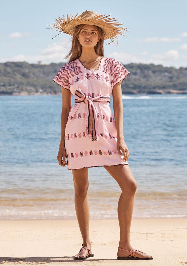 pippa holt Kaftan No.129 Single panel 'Supermini' kaftan in white and light pink stripe with pink and burgundy motif
