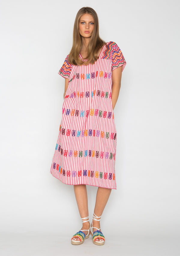 Pippa Holt Kaftan No.13 Single Panel Midi Kaftan In White And Pink Stripe With Multi Coloured Design
