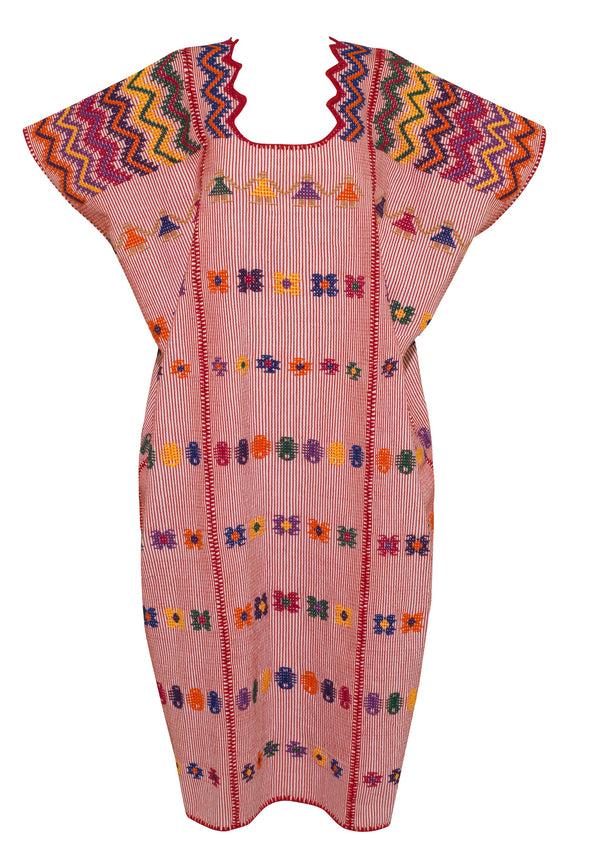Pippa Holt Kaftan No.130 Three Panel Midi Kaftan In White And Red Stripe With Multi Coloured Design