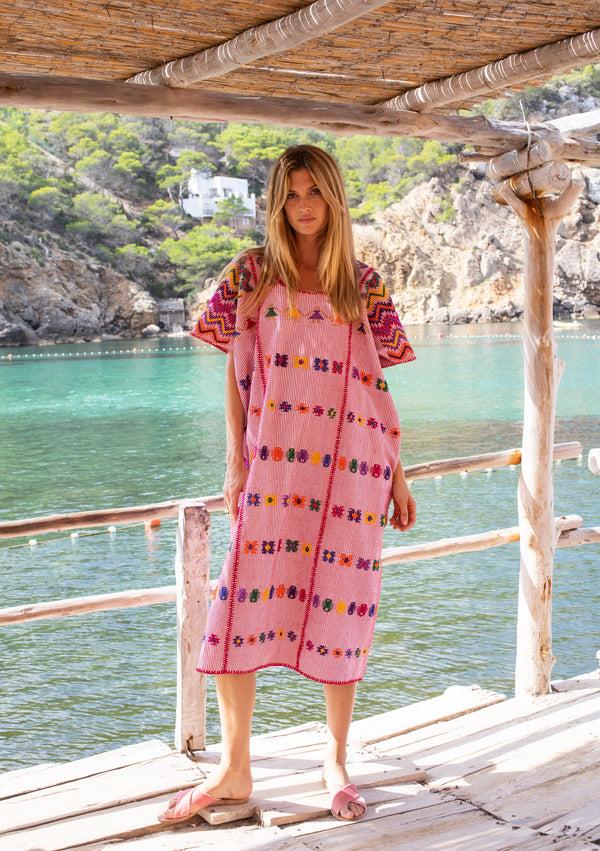 pippa holt Kaftan No.130 Three panel midi kaftan in white and red stripe with multi coloured design