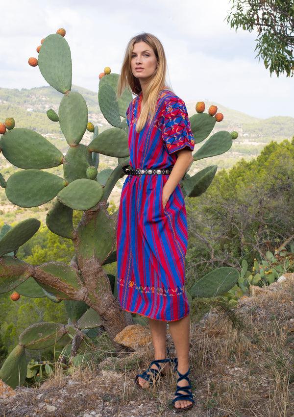 pippa holt Kaftan No.132 Three panel midi kaftan in blue and dark red stripe with mustard design