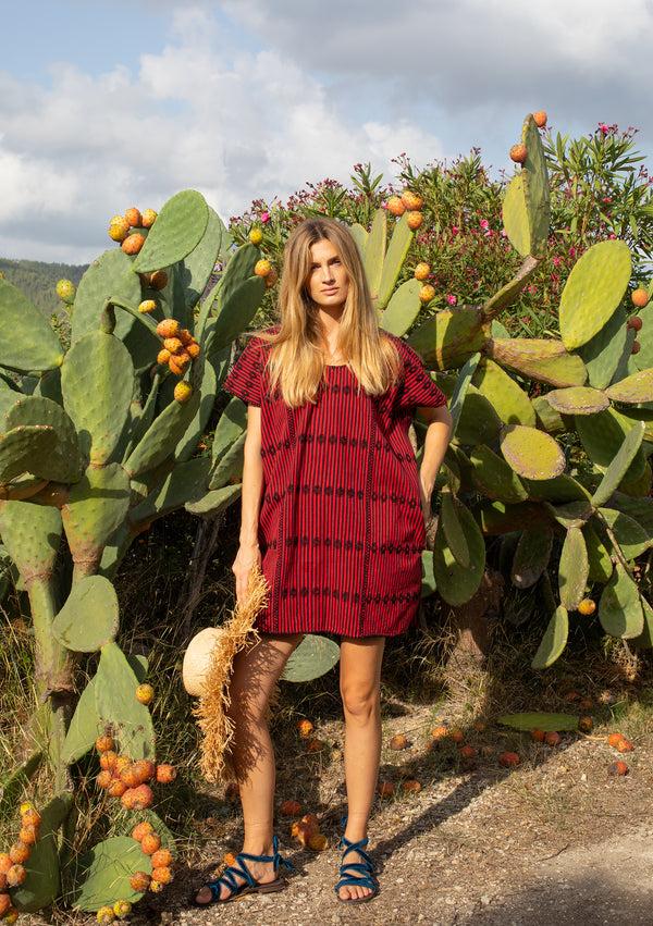 pippa holt Kaftan No.138 Three panel 'Supermini' kaftan in red and black stripe with black design