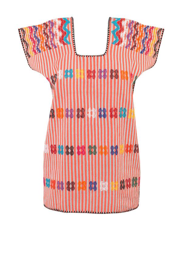 Pippa Holt Kaftan No.139 Single Panel Mini Kaftan In Tea Green And Pink Stripe With Multi Coloured Design