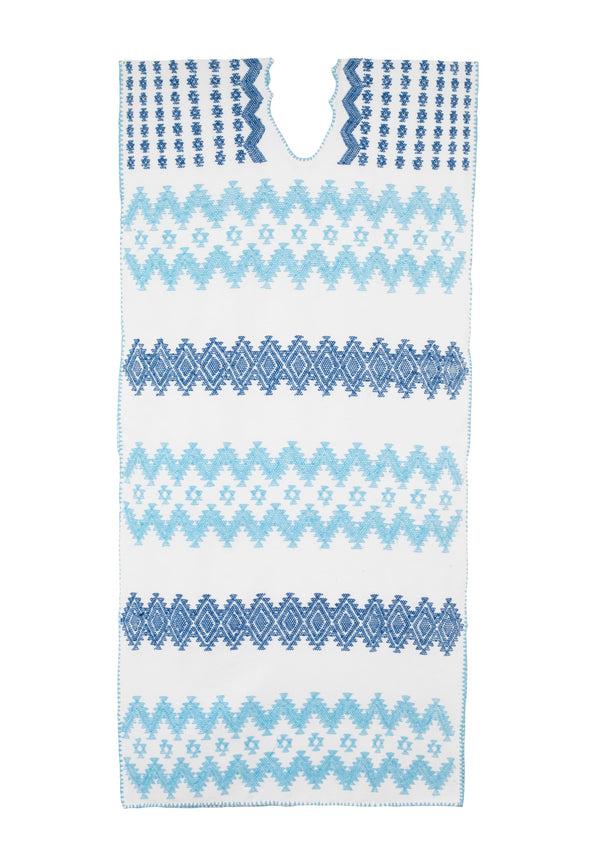 Pippa Holt Kaftan No.14 Single Panel Midi Kaftan In White With Baby Blue And Blue Zig Zag Design