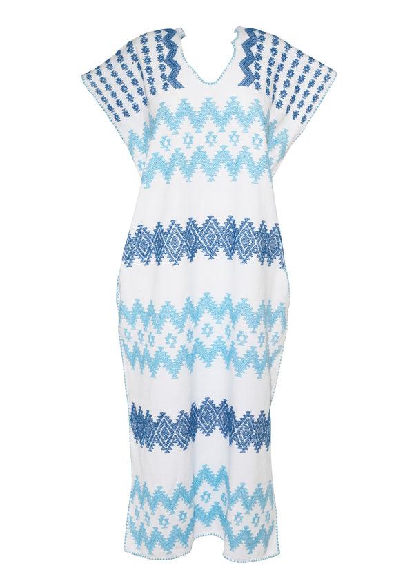 Pippa Holt Kaftan No.14 Single Panel Midi Kaftan In White With Baby Blue And Blue Zig Zag Design