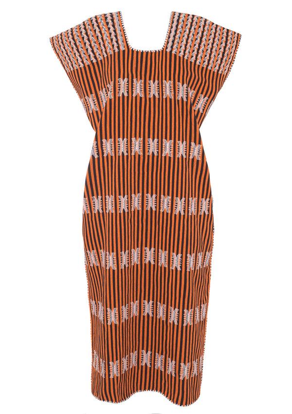 Pippa Holt Kaftan No.140 Single Panel Midi Kaftan In Orange And Black Stripe With White Design