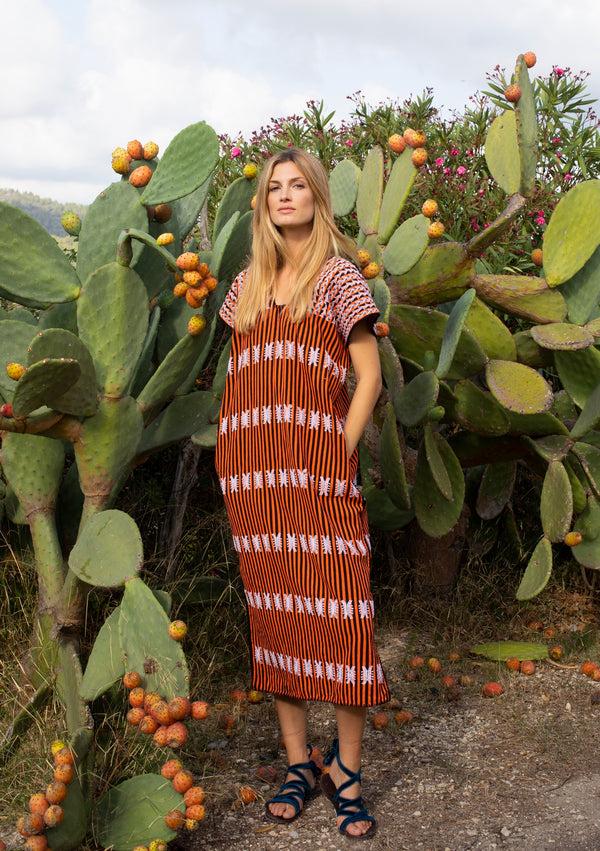 pippa holt Kaftan No.140 Single panel midi kaftan in orange and black stripe with white design