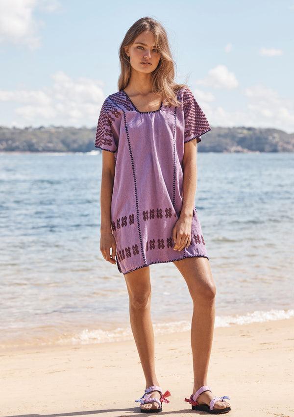 Pippa Holt Kaftan No.142 Three Panel Mini Kaftan In Purple With Burgundy Motif