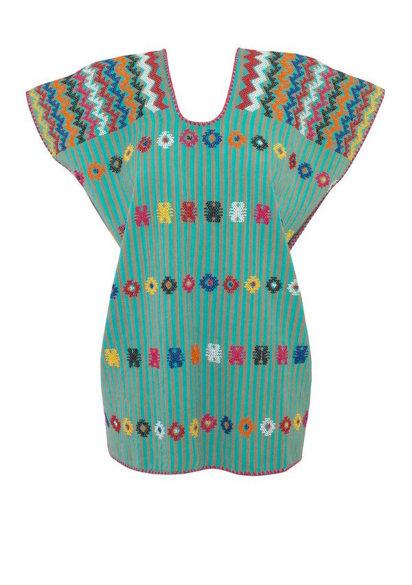 Pippa Holt Kaftan No.143 Single Panel 'Supermini' Kaftan In Green And Brown Stripe With Multi Coloured Design