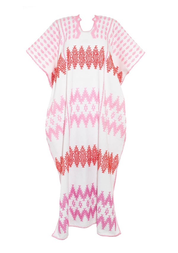 Pippa Holt Kaftan No.144 Three Panel Midi Kaftan In White With Pink With Red And Lilac Zig Zag Design