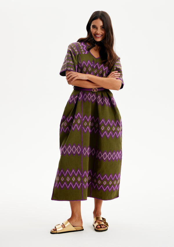 pippa holt Kaftan No.145 Three panel midi kaftan in khaki with purple and lilac zig zag design