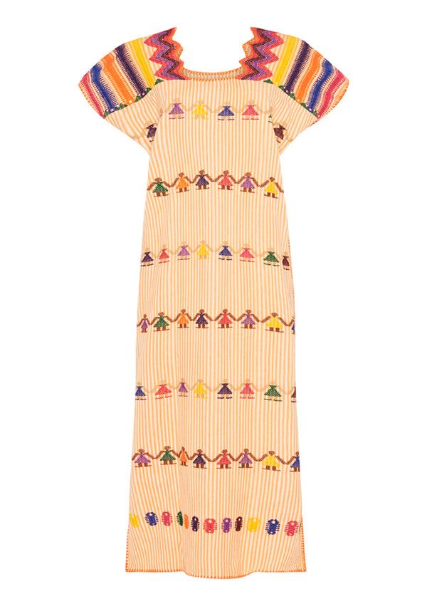 Pippa Holt Kaftan No.148 Single Panel Midi Kaftan In Orange / Vanilla Stripe With Multi Coloured 'people' Design