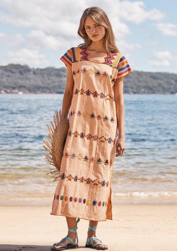 pippa holt Kaftan No.148 Single panel midi kaftan in orange / vanilla stripe with multi coloured 'people' design