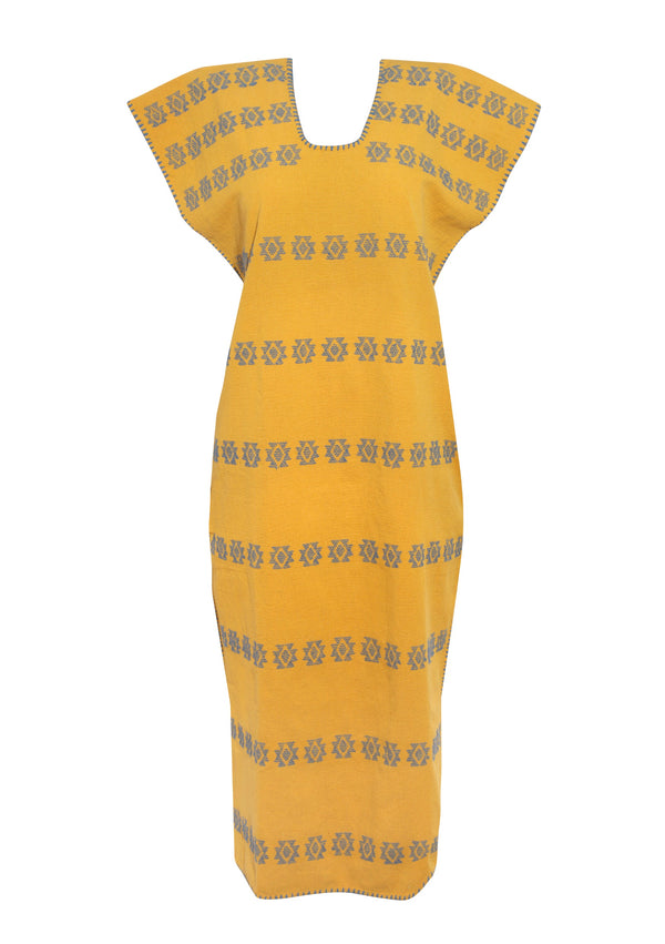 pippa holt Kaftan No.149 Single panel midi kaftan in mustard with blue motif design