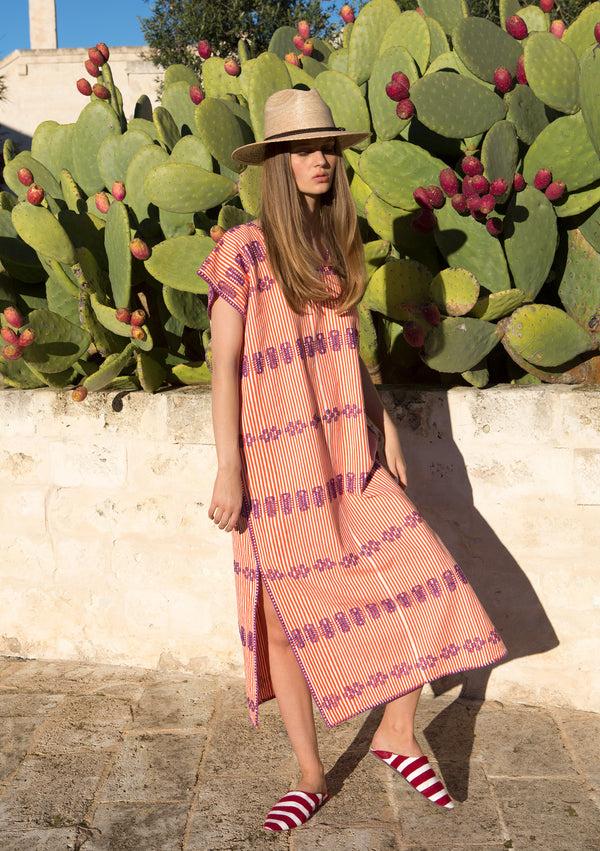 Pippa Holt Kaftan No.15 Single Panel Midi Kaftan In Orange And White Stripe With Purple Design