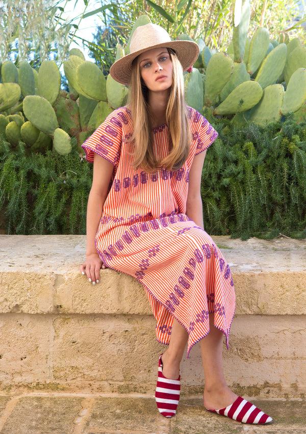 pippa holt Kaftan No.15 Single panel midi kaftan in orange and white stripe with purple design