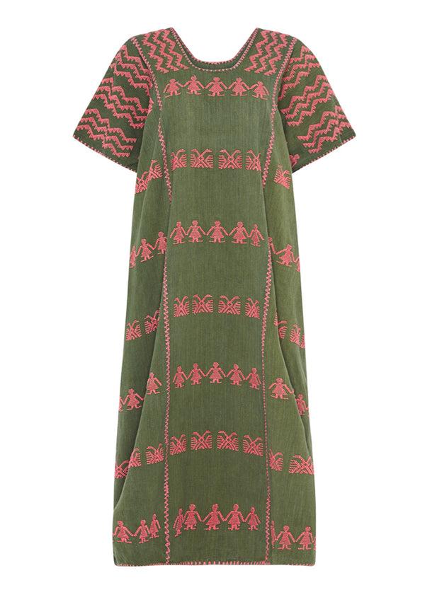 Pippa Holt Kaftan No.150 Three Panel Midi Kaftan In Khaki With Pink Design