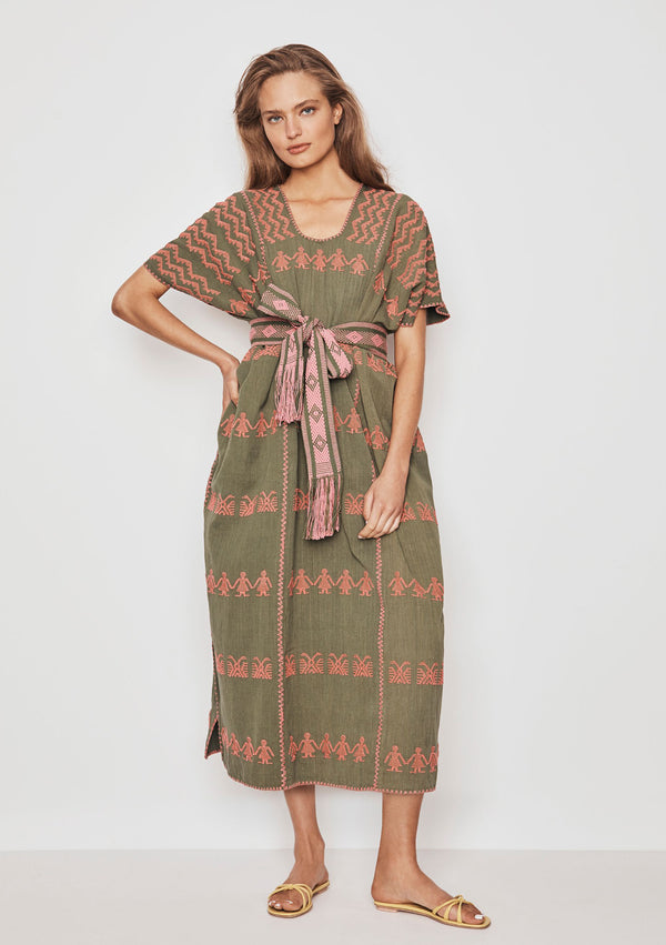 pippa holt Kaftan No.150 Three panel midi kaftan in khaki with pink design