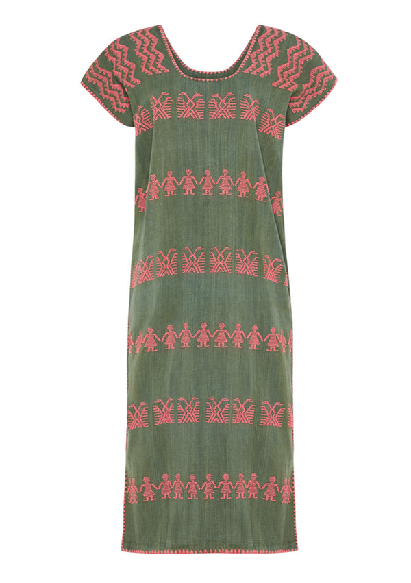 Pippa Holt Kaftan No.153 Single Panel Midi Kaftan In Khaki With Pink Design