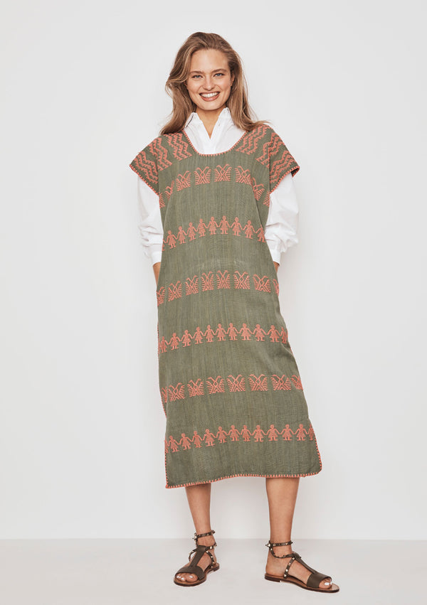 pippa holt Kaftan No.153 Single panel midi kaftan in khaki with pink design