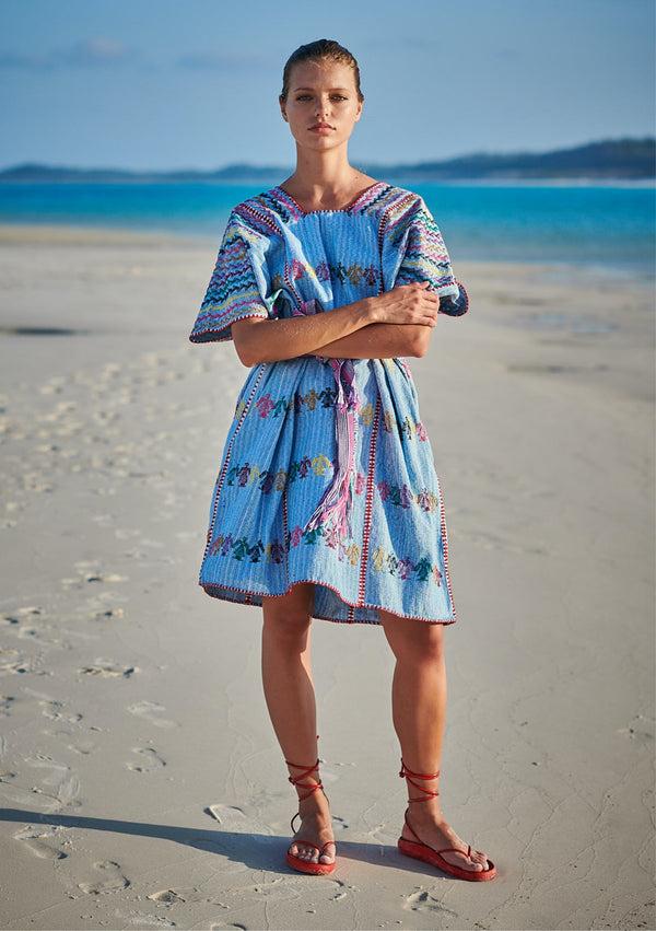 pippa holt Kaftan No.154 Three panel mini kaftan in blue with people design