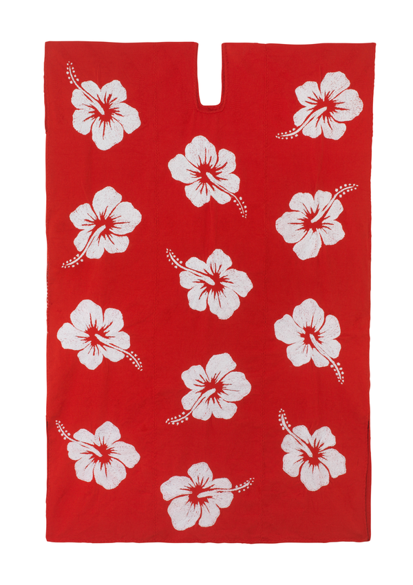 Pippa Holt Kaftan No.155 Three Panel Midi Kaftan In Red With White Hibiscus Embroidery Design