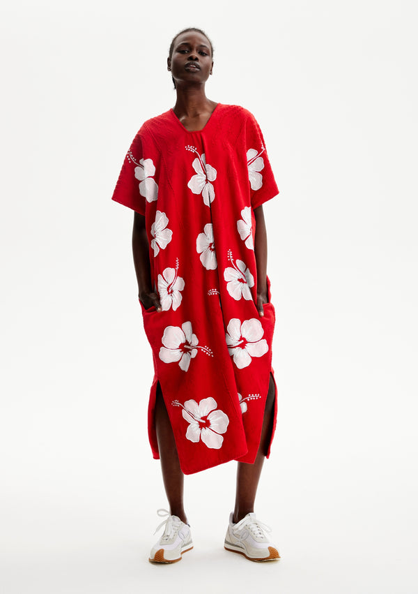 pippa holt Kaftan No.155 Three panel midi kaftan in red with white hibiscus embroidery design