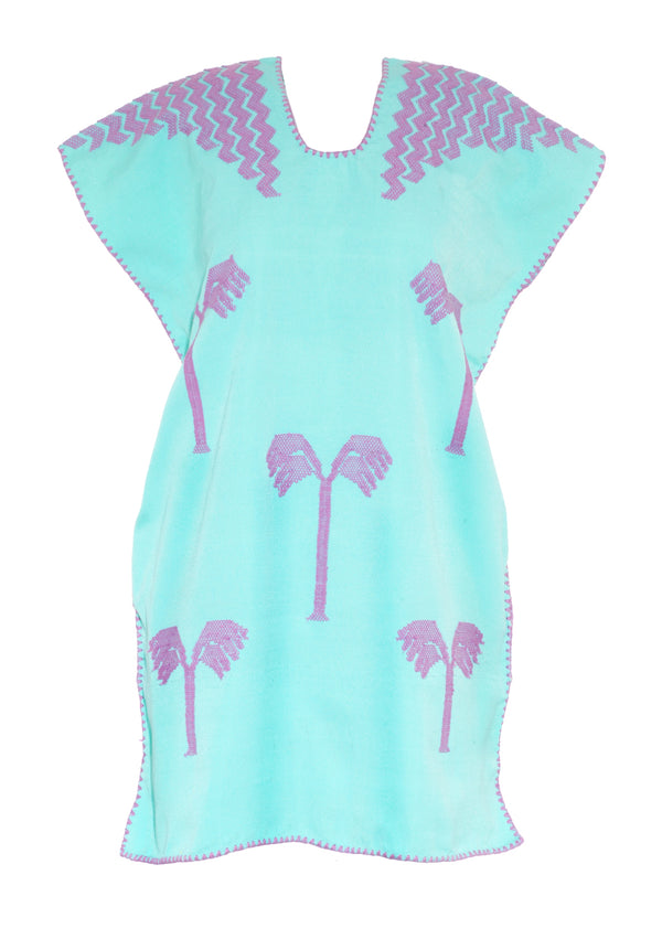 Pippa Holt Kaftan No.157 Single Panel Mini Kaftan In Mint With Lilac Palm Tree