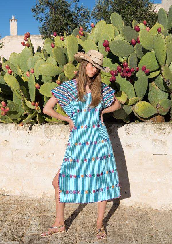 pippa holt Kaftan No.16 Single panel midi kaftan in blue and white stripe with multicoloured design