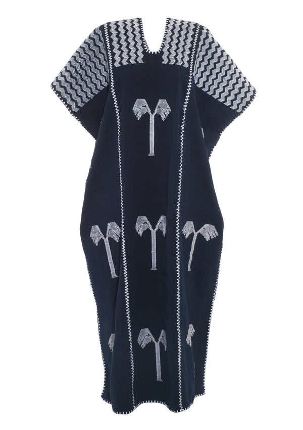 Pippa Holt Kaftan No.160 Three Panel Midi Kaftan In Navy With White Palm Tree