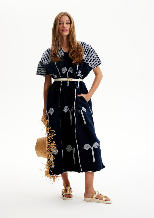 pippa holt Kaftan No.160 Three panel midi kaftan in navy with white palm tree