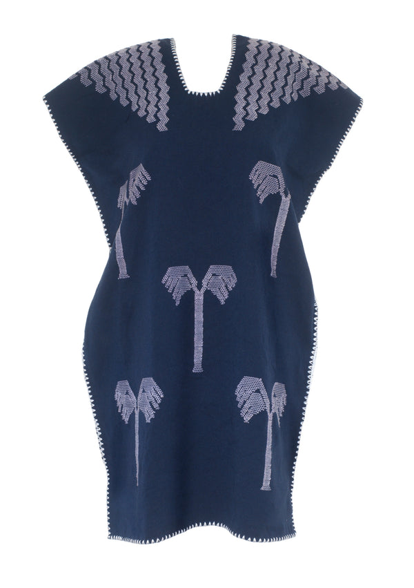 Pippa Holt Kaftan No.161 Single Panel Mini Kaftan In Navy With White Palm Tree