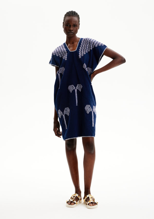 pippa holt Kaftan No.161 Single panel mini kaftan in navy with white palm tree