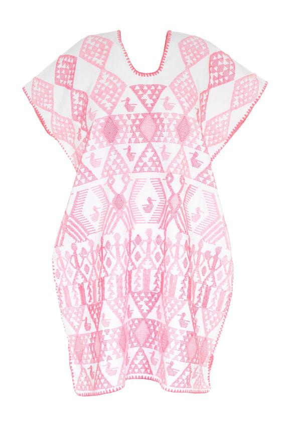 Pippa Holt Kaftan No.162 Single Panel Mini Kaftan In White With Pink Duck Design