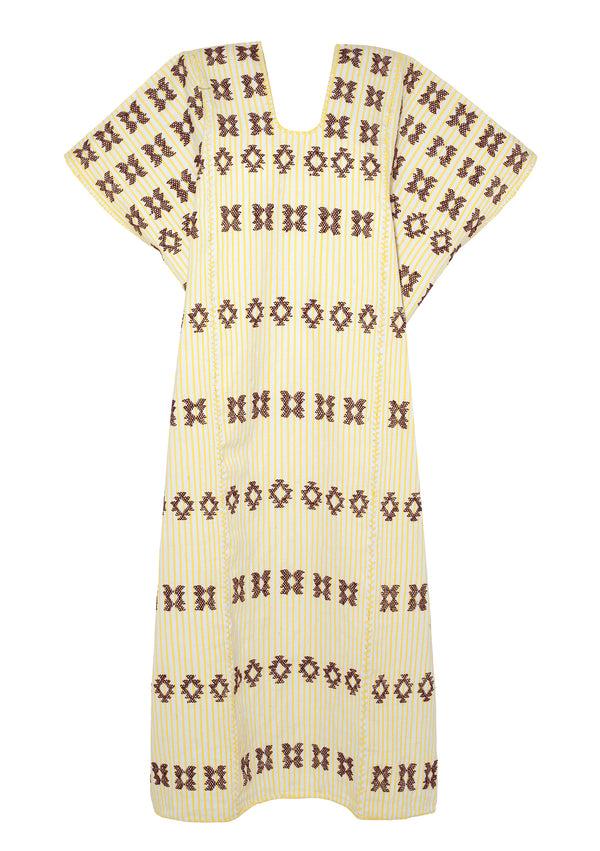 Pippa Holt Kaftan No.164 Three Panel Midi Kaftan In Yellow And White Stripe With Burgundy Design