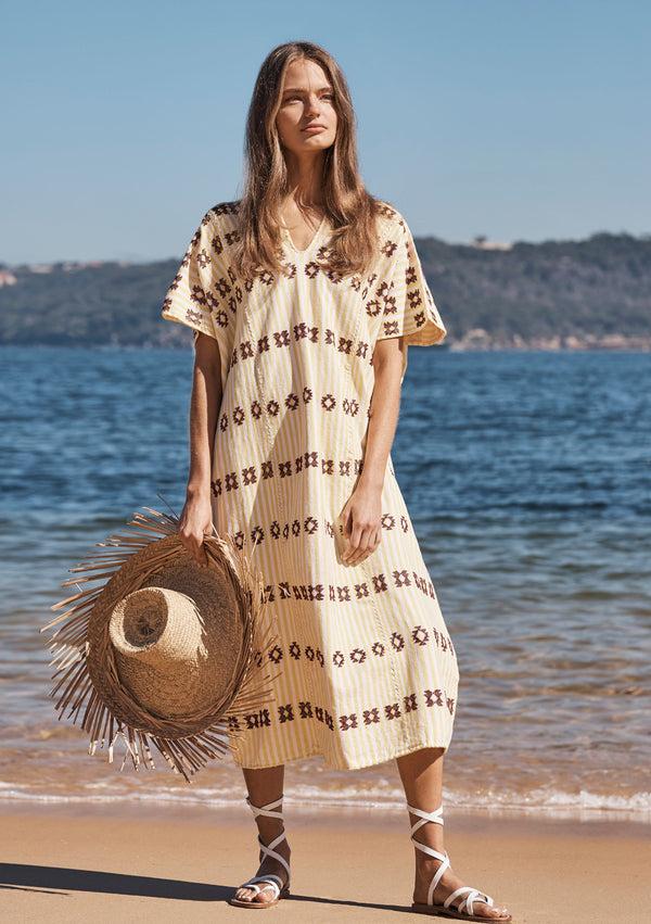 pippa holt Kaftan No.164 Three panel midi kaftan in yellow and white stripe with burgundy design