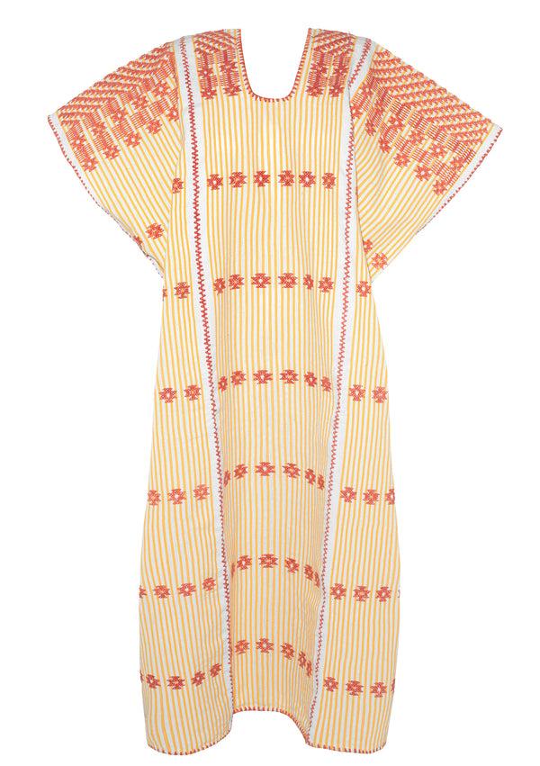 Pippa Holt Kaftan No.166 Three Panel Midi Kaftan In Yellow And White Stripe With Pink Design
