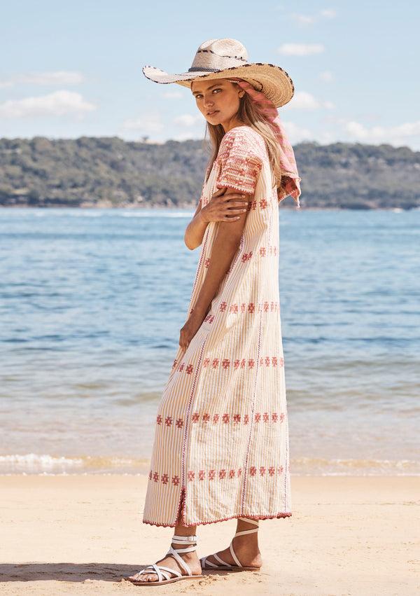 pippa holt Kaftan No.166 Three panel midi kaftan in yellow and white stripe with pink design
