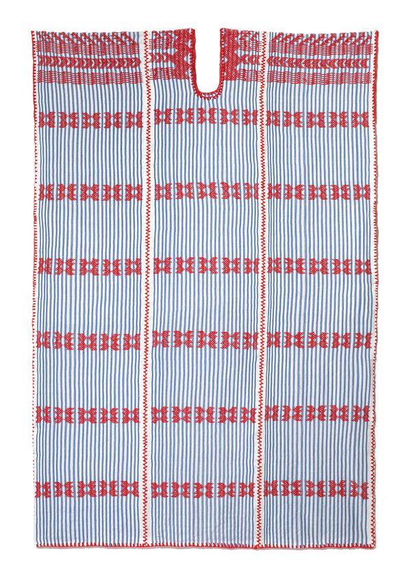 Pippa Holt Kaftan No.169 Three Panel Midi Kaftan In White And Blue Stripe With Red Design