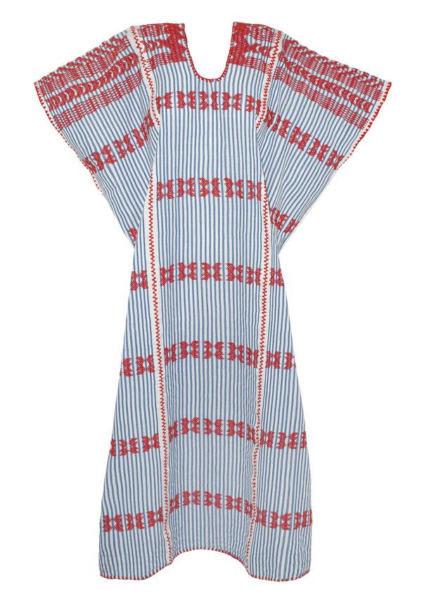 Pippa Holt Kaftan No.169 Three Panel Midi Kaftan In White And Blue Stripe With Red Design