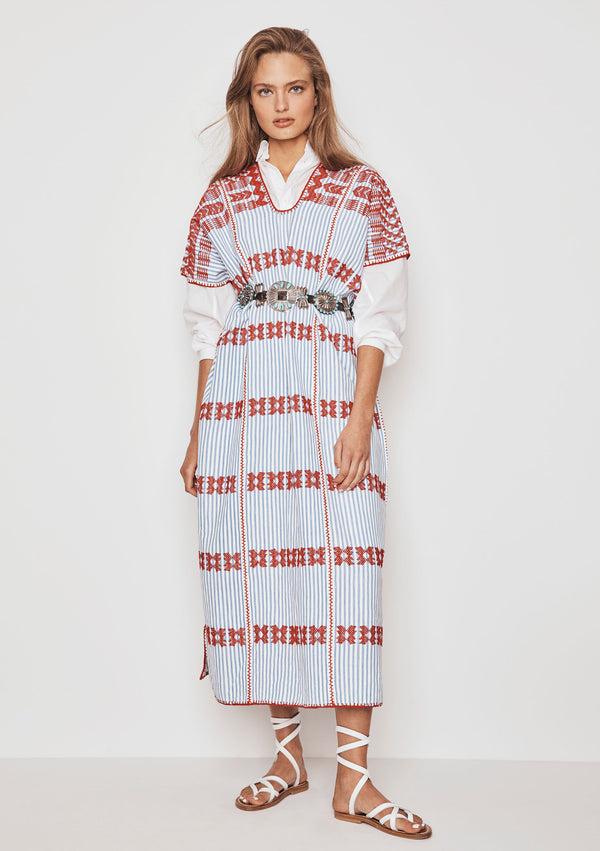 pippa holt Kaftan No.169 Three panel midi kaftan in white and blue stripe with red design