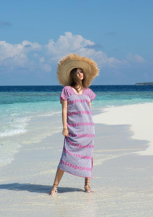 pippa holt Kaftan No.17 Single panel midi kaftan in purple and white stripe with hot pink design